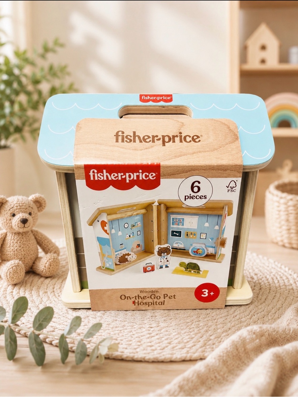 Fisher-Price Blue & Natural Wooden Travel Pet Clinic Playset